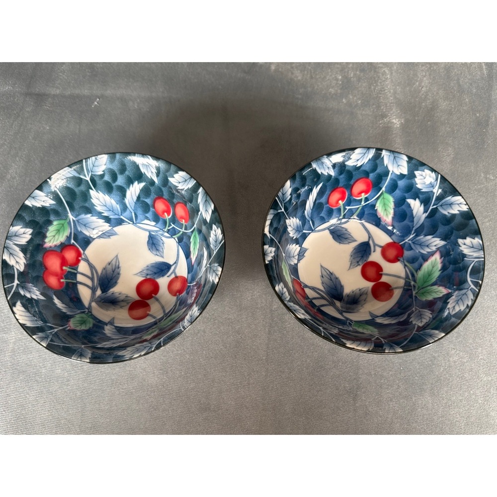 Williams Sonoma Red Cherries Grand Cuisine Cherry Footed Rice/Dessert Bowl set/2